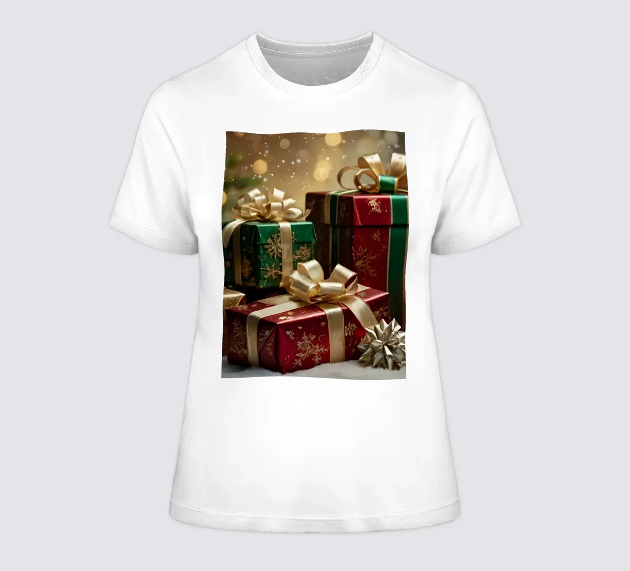 Beautifully decorated Christmas presents with bows women's fitted t-shirt by DesignDoodle