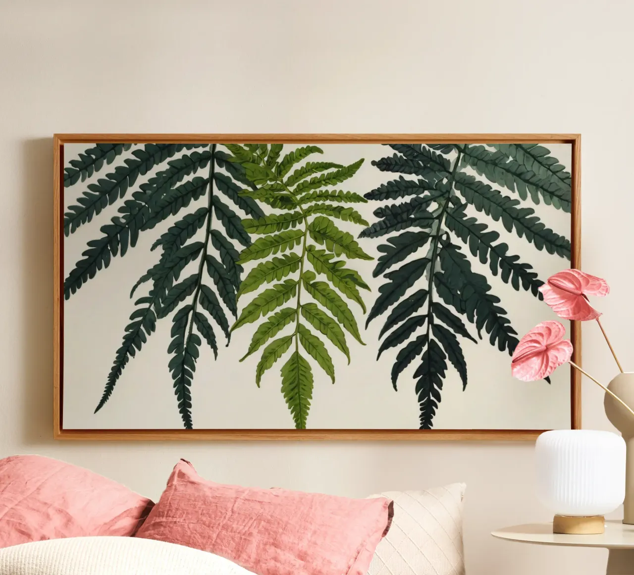 Felci verdi e vivaci esposte ad arte su un fondo neutro. tela con Cornice a cassetta da DesignDoodle
