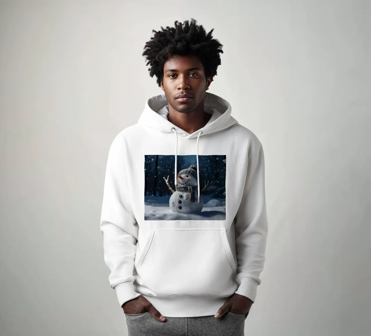 Un allegro pupazzo di neve con cappello e sciarpa a maglia è in piedi felpa con cappuccio da DesignDoodle