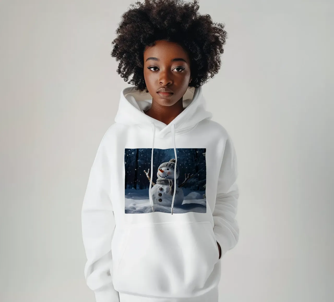 Un allegro pupazzo di neve con cappello e sciarpa a maglia è in piedi felpa con cappuccio da DesignDoodle