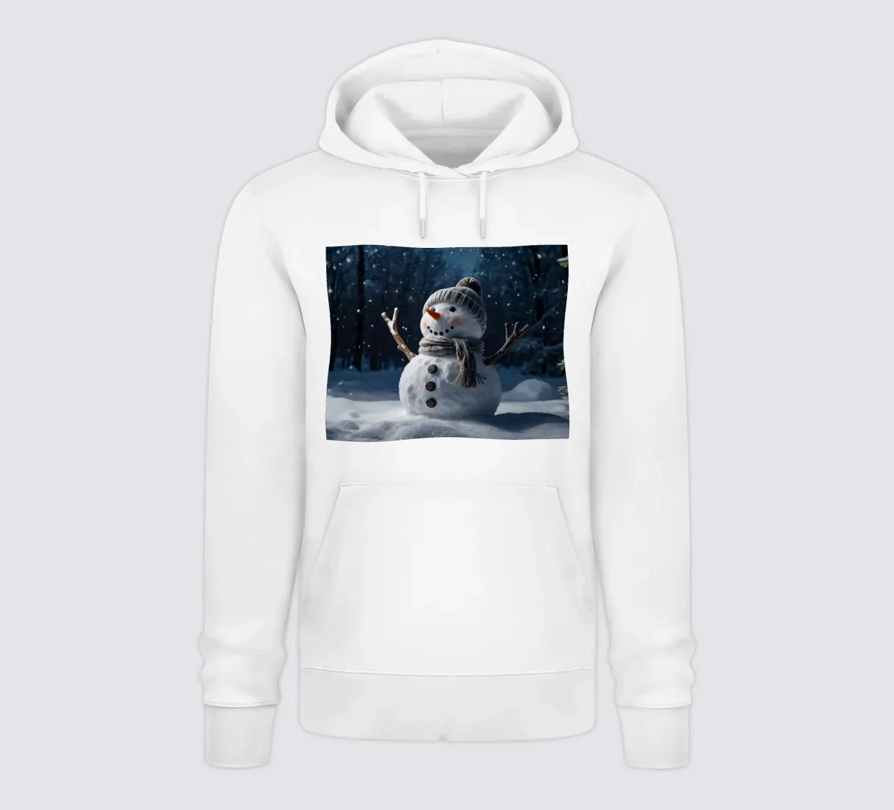 Un allegro pupazzo di neve con cappello e sciarpa a maglia è in piedi felpa con cappuccio da DesignDoodle