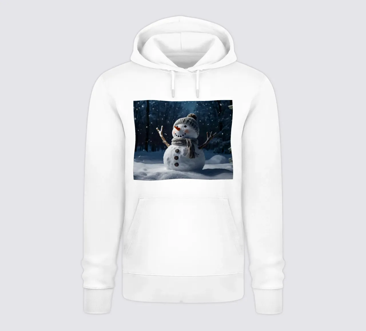 Un allegro pupazzo di neve con cappello e sciarpa a maglia è in piedi felpa con cappuccio da DesignDoodle
