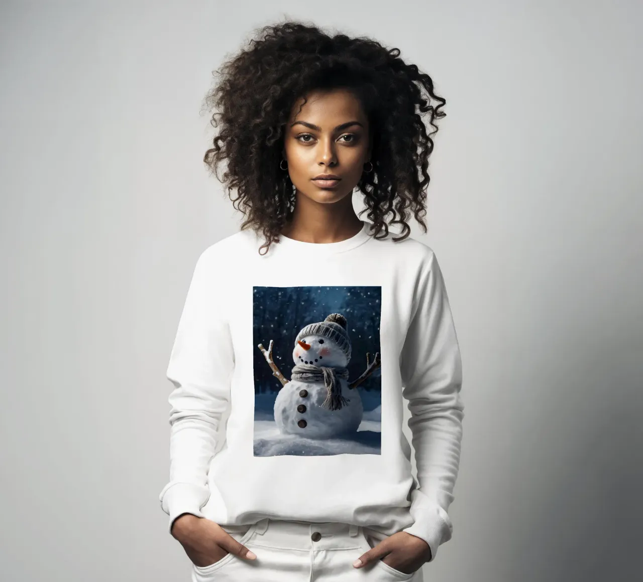 Un allegro pupazzo di neve con cappello e sciarpa a maglia è in piedi felpa da DesignDoodle