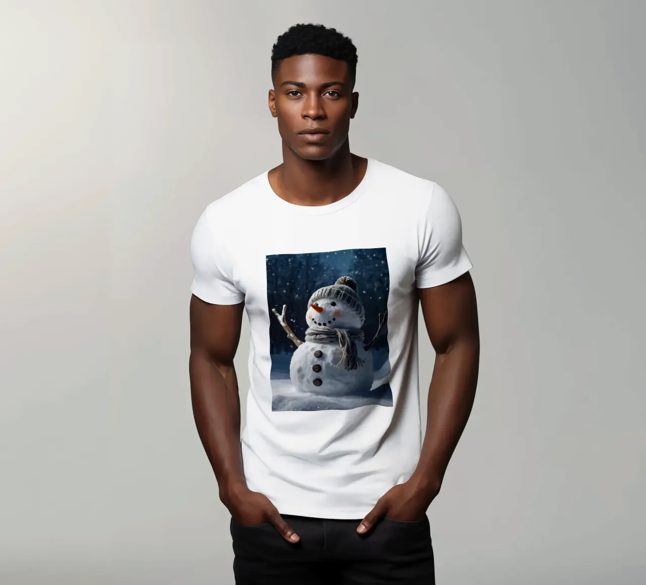 Un allegro pupazzo di neve con cappello e sciarpa a maglia è in piedi t-shirt da DesignDoodle