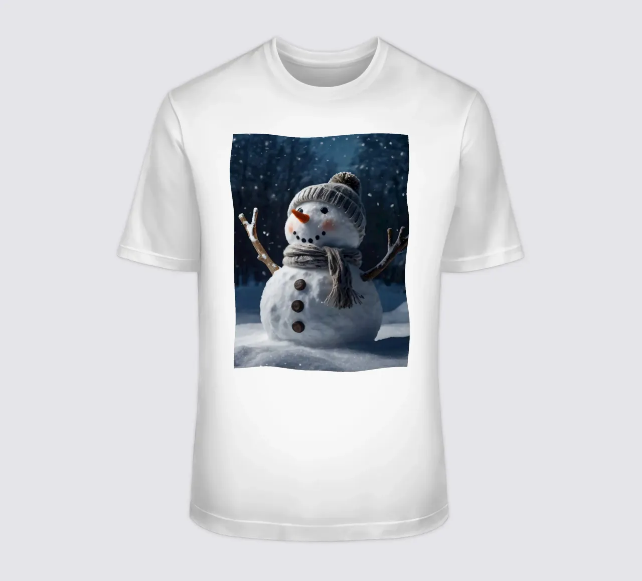 Un allegro pupazzo di neve con cappello e sciarpa a maglia è in piedi t-shirt da DesignDoodle