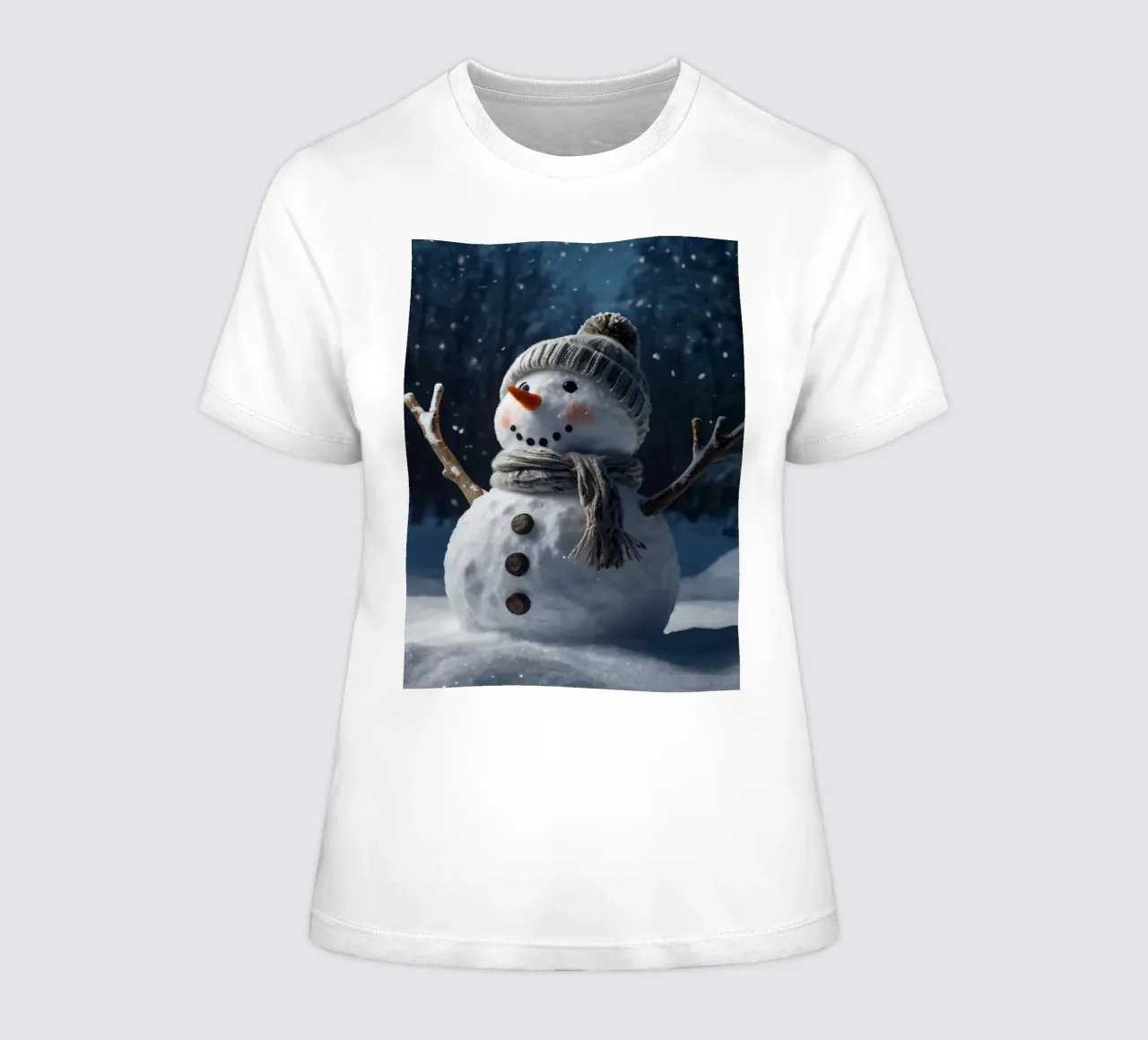 Un allegro pupazzo di neve con cappello e sciarpa a maglia è in piedi t-shirt da donna da DesignDoodle
