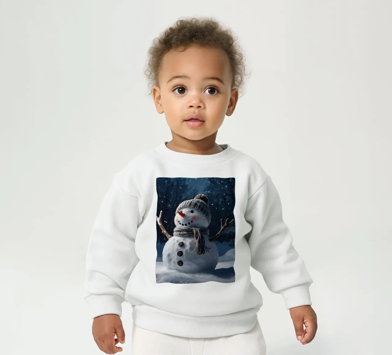 Un allegro pupazzo di neve con cappello e sciarpa a maglia è in piedi felpa neonato da DesignDoodle