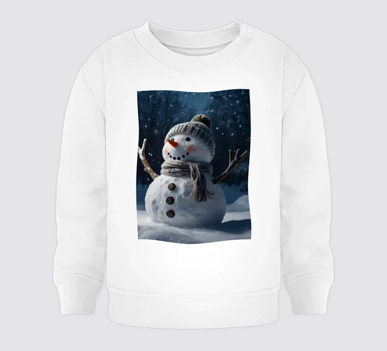 Un allegro pupazzo di neve con cappello e sciarpa a maglia è in piedi felpa neonato da DesignDoodle