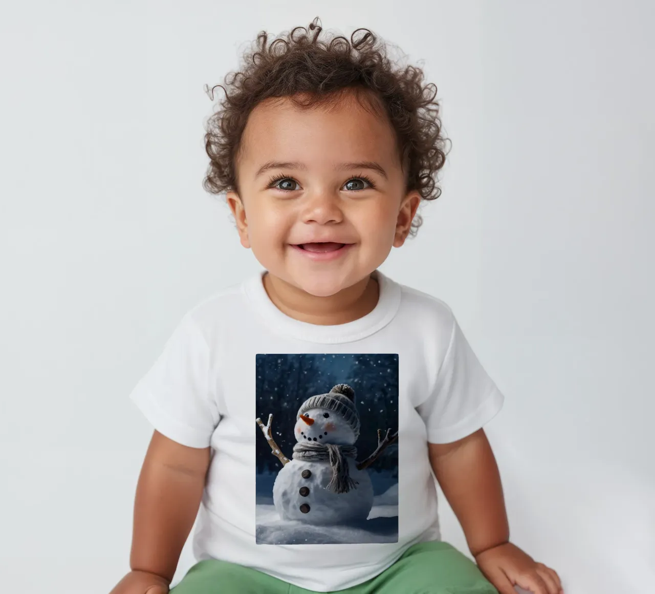 Un allegro pupazzo di neve con cappello e sciarpa a maglia è in piedi maglietta neonato da DesignDoodle