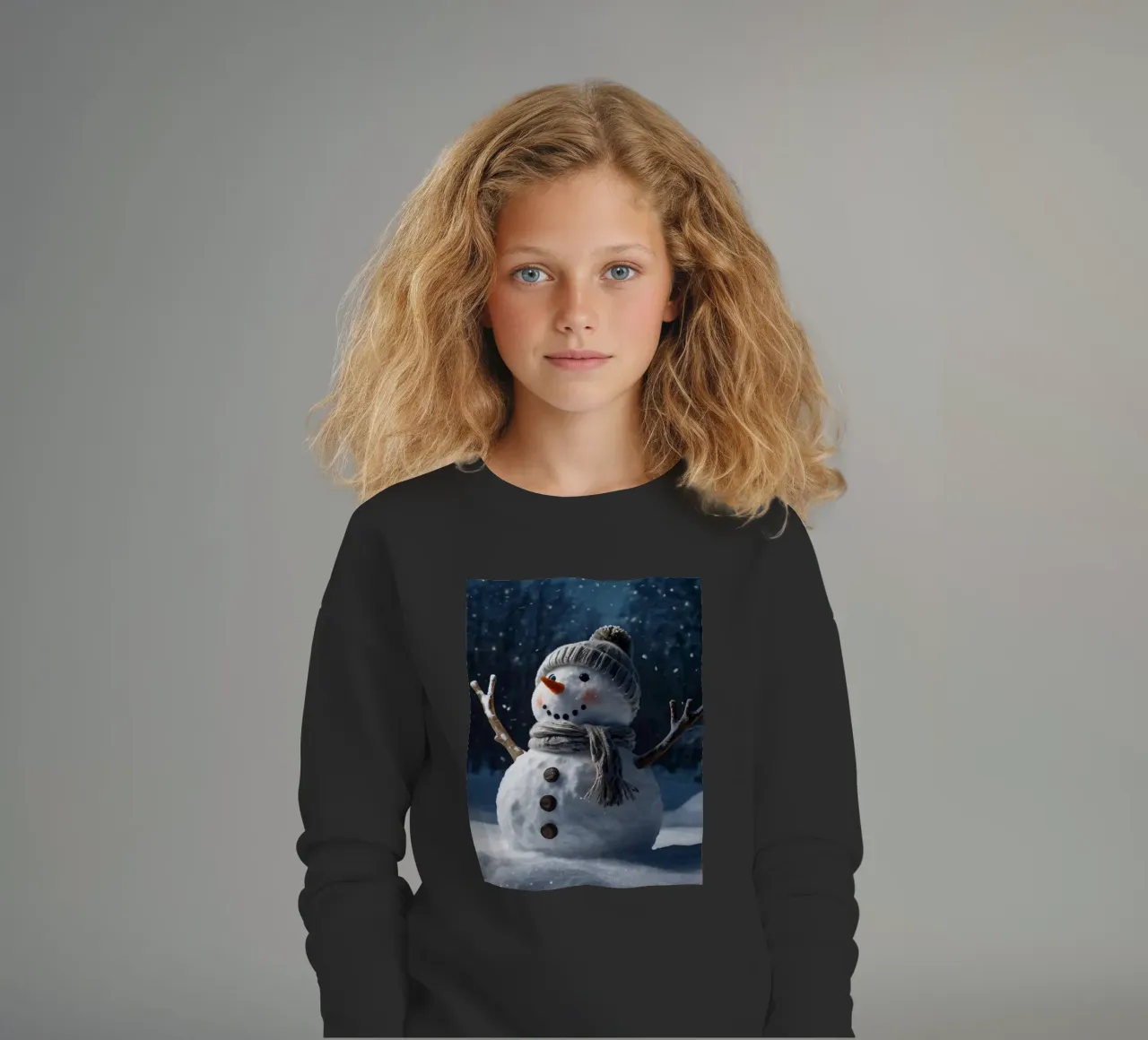 Un allegro pupazzo di neve con cappello e sciarpa a maglia è in piedi felpa bambino da DesignDoodle