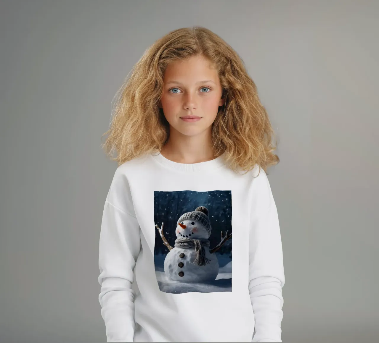 Un allegro pupazzo di neve con cappello e sciarpa a maglia è in piedi felpa bambino da DesignDoodle