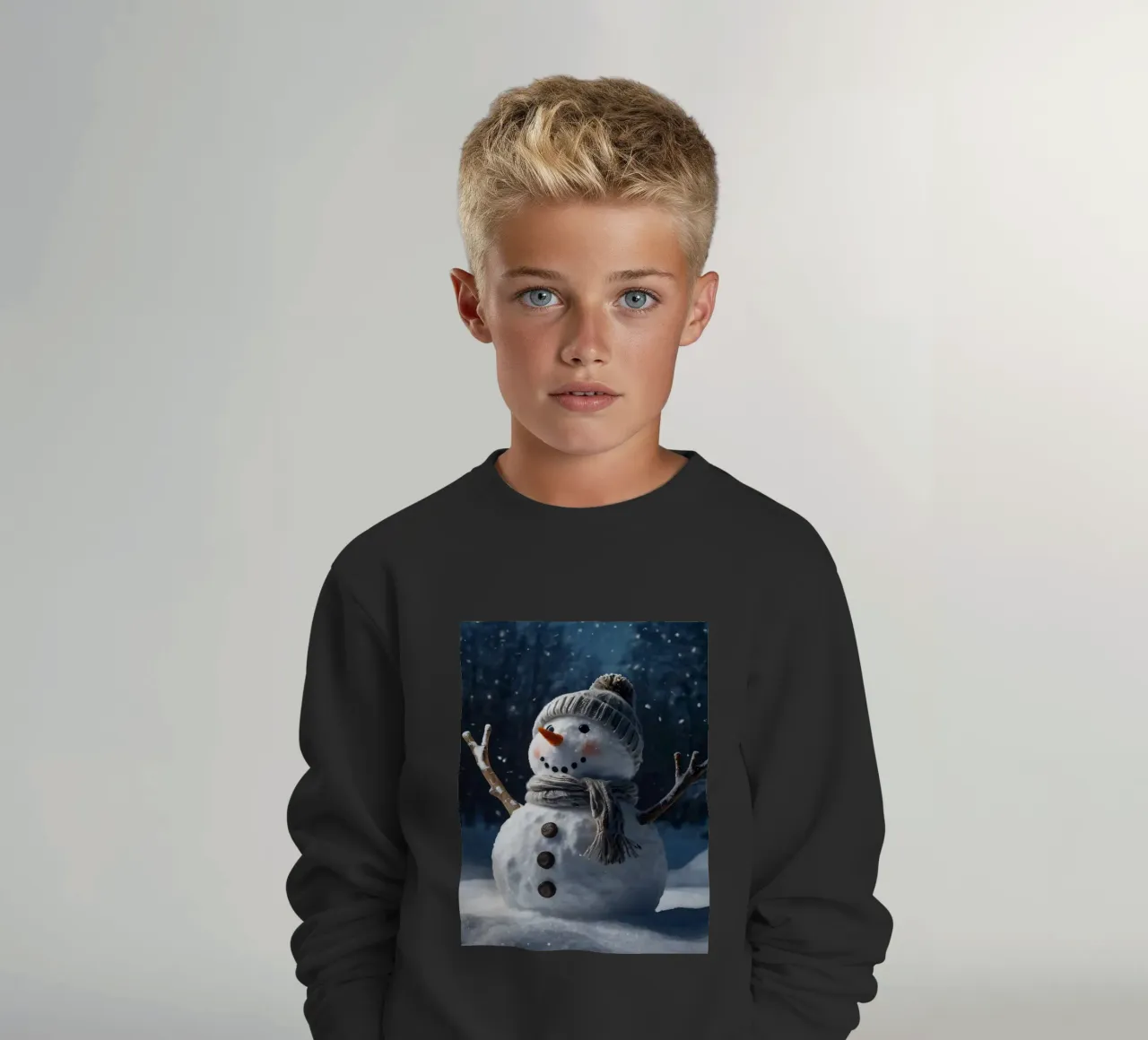 Un allegro pupazzo di neve con cappello e sciarpa a maglia è in piedi felpa bambino da DesignDoodle