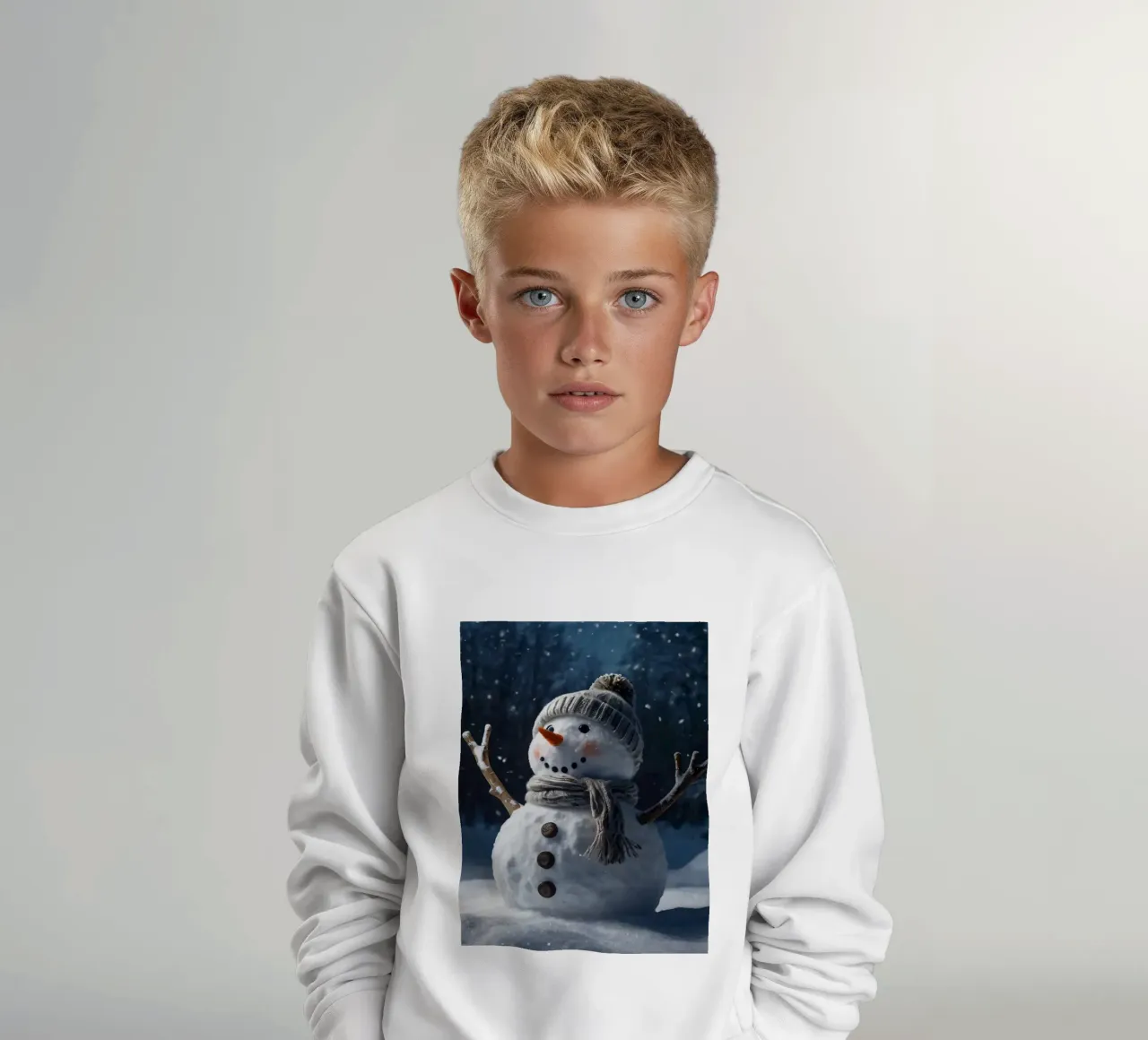 Un allegro pupazzo di neve con cappello e sciarpa a maglia è in piedi felpa bambino da DesignDoodle
