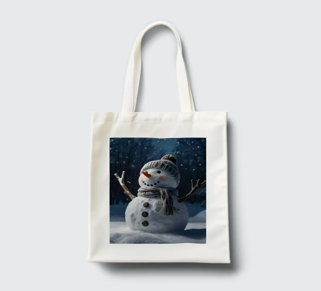 Un allegro pupazzo di neve con cappello e sciarpa a maglia è in piedi borsa in juta da DesignDoodle