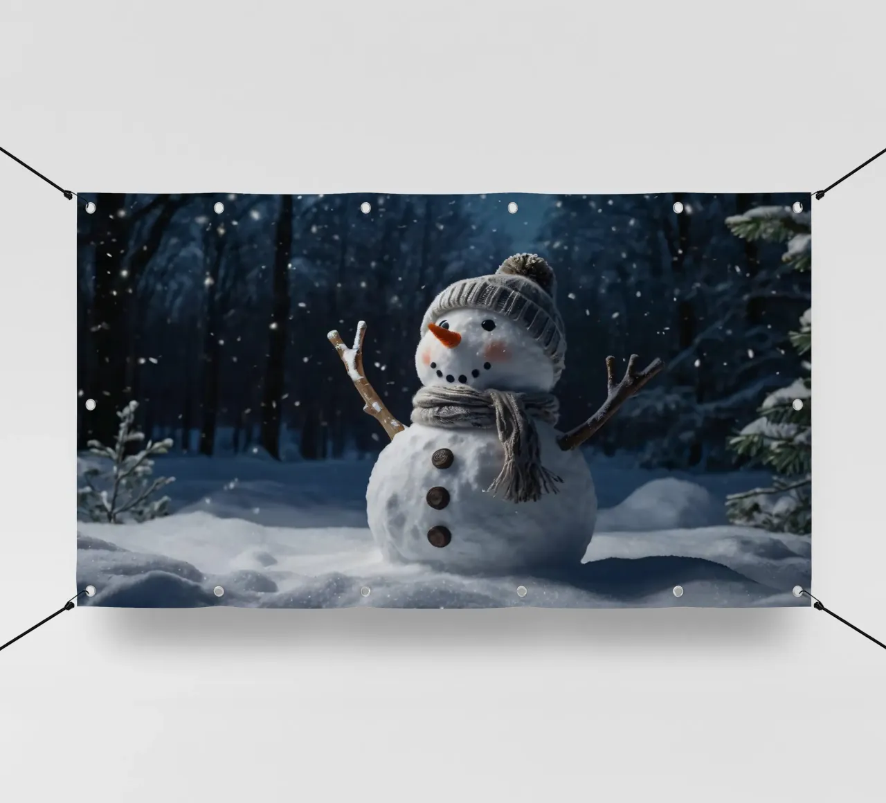 Un allegro pupazzo di neve con cappello e sciarpa a maglia è in piedi telo in pvc da DesignDoodle