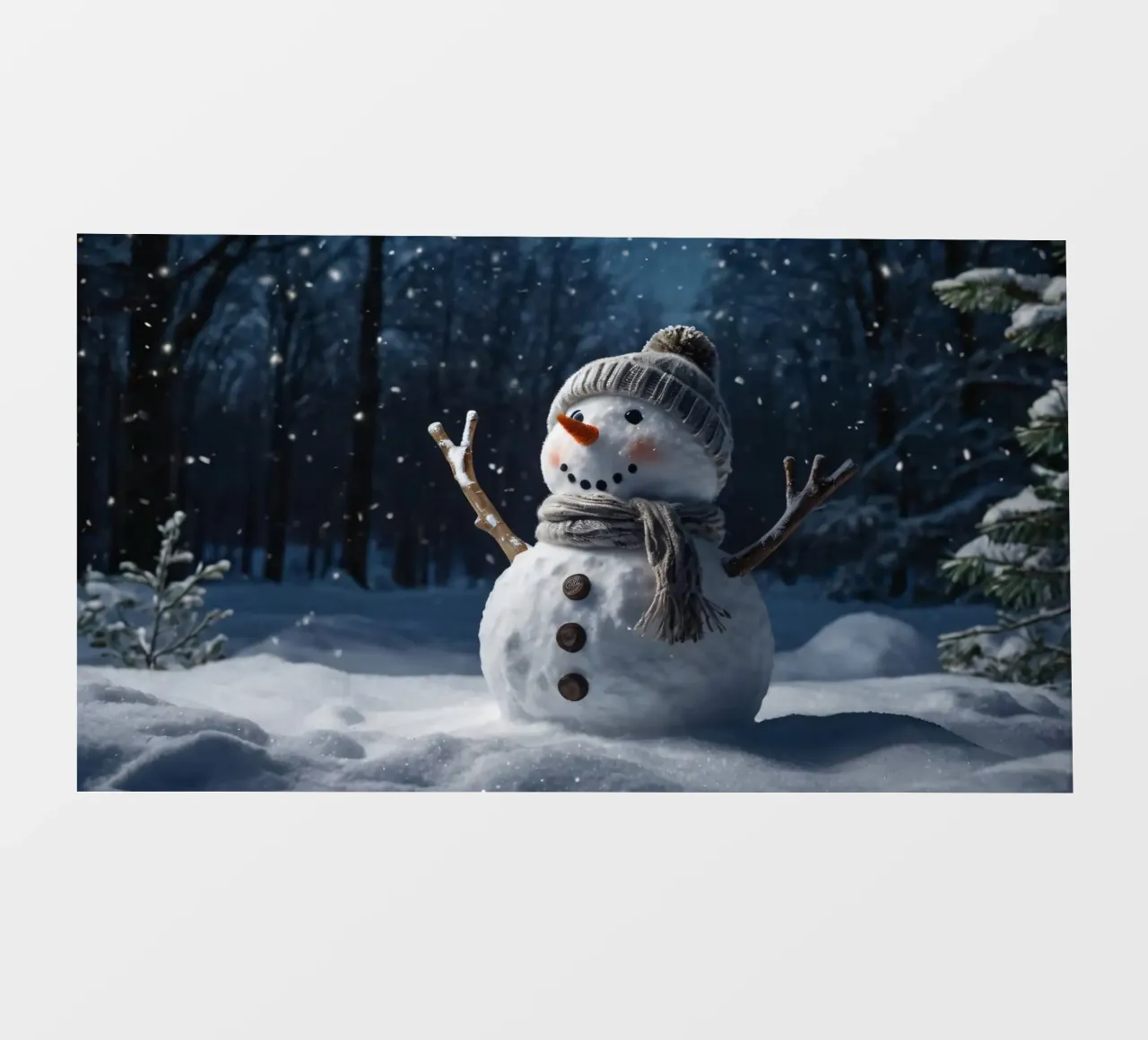 Un allegro pupazzo di neve con cappello e sciarpa a maglia è in piedi telo in pvc da DesignDoodle