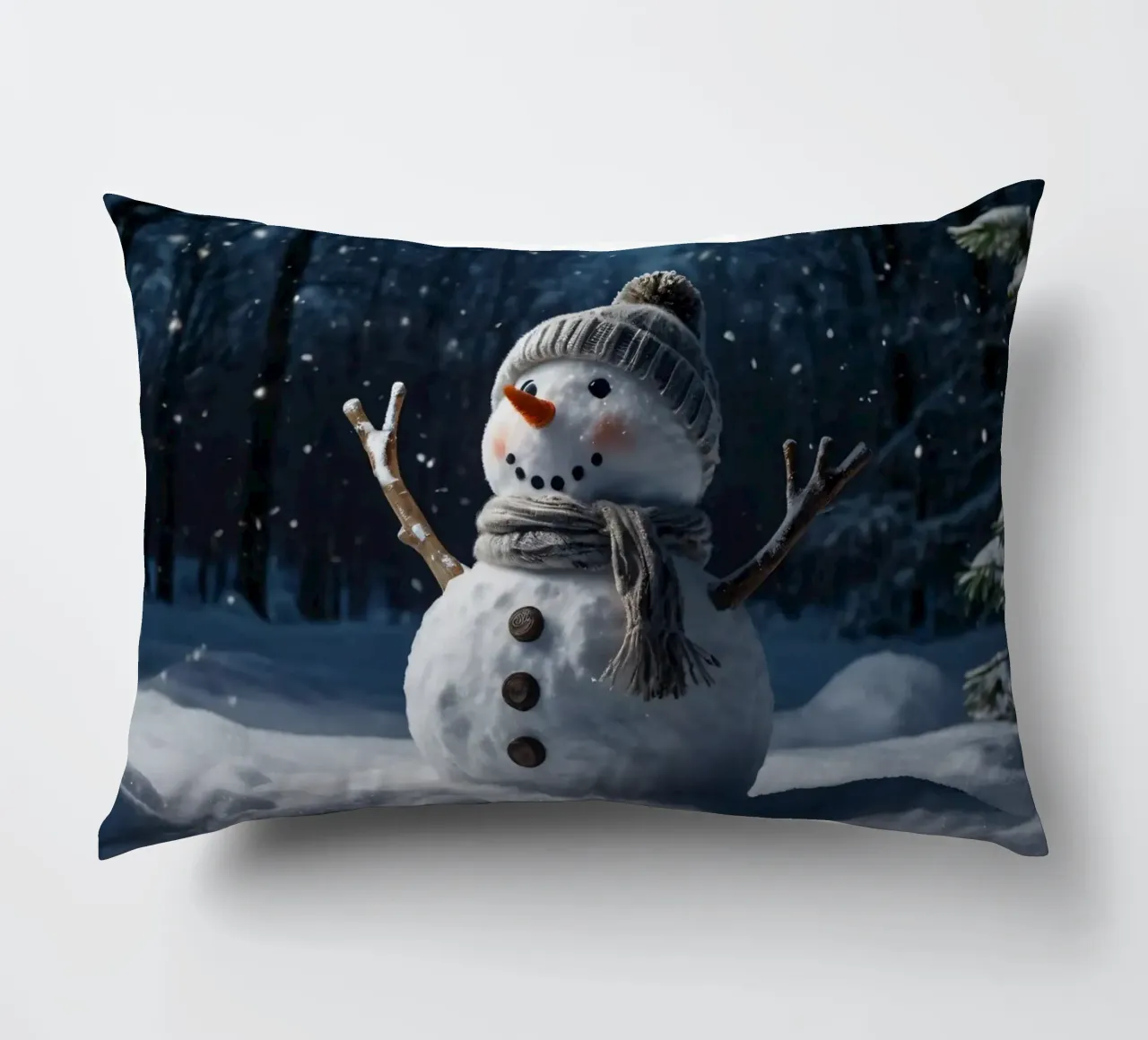 Un allegro pupazzo di neve con cappello e sciarpa a maglia è in piedi cuscino da DesignDoodle