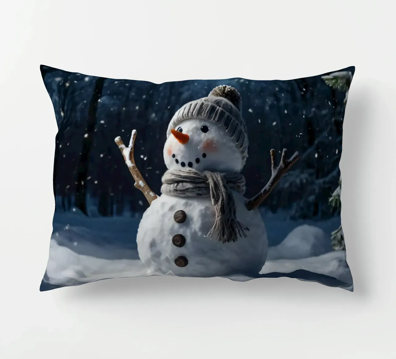 Un allegro pupazzo di neve con cappello e sciarpa a maglia è in piedi cuscino da DesignDoodle