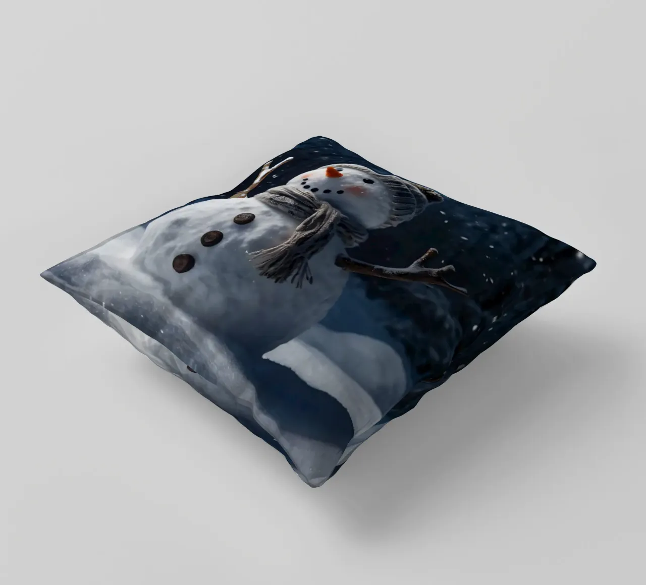 Un allegro pupazzo di neve con cappello e sciarpa a maglia è in piedi cuscino da DesignDoodle