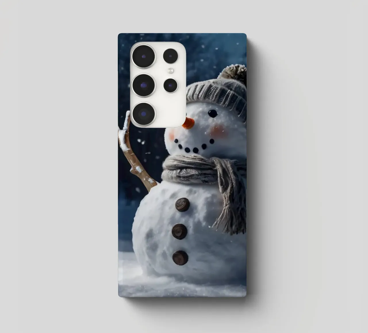 Un allegro pupazzo di neve con cappello e sciarpa a maglia è in piedi cover samsung da DesignDoodle