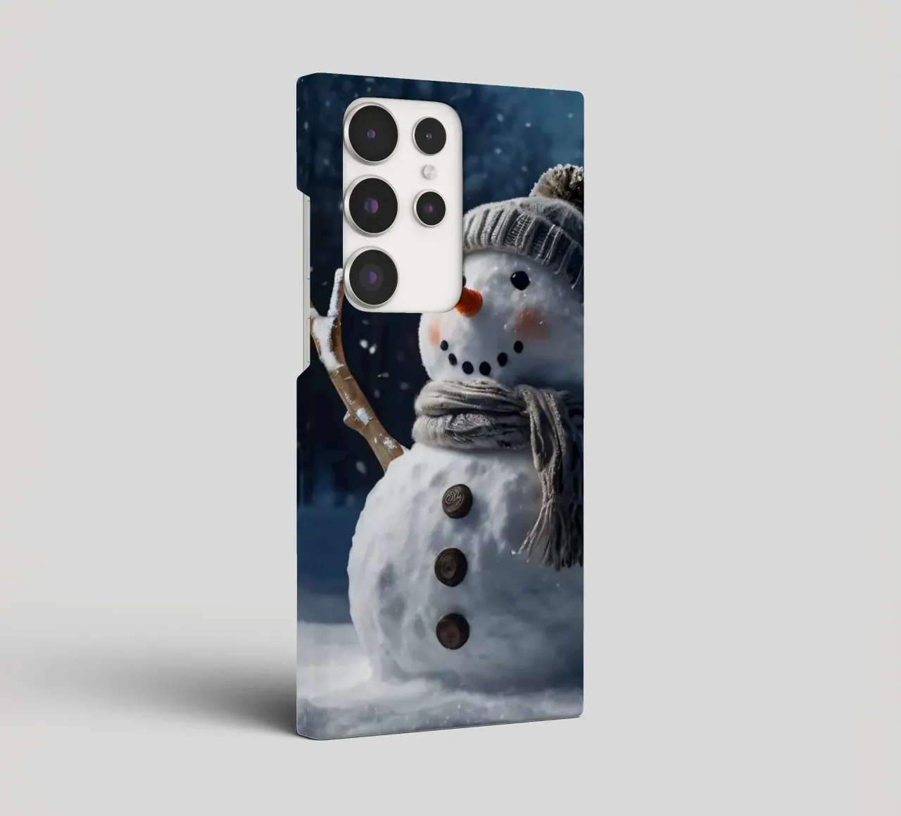 Un allegro pupazzo di neve con cappello e sciarpa a maglia è in piedi cover samsung da DesignDoodle