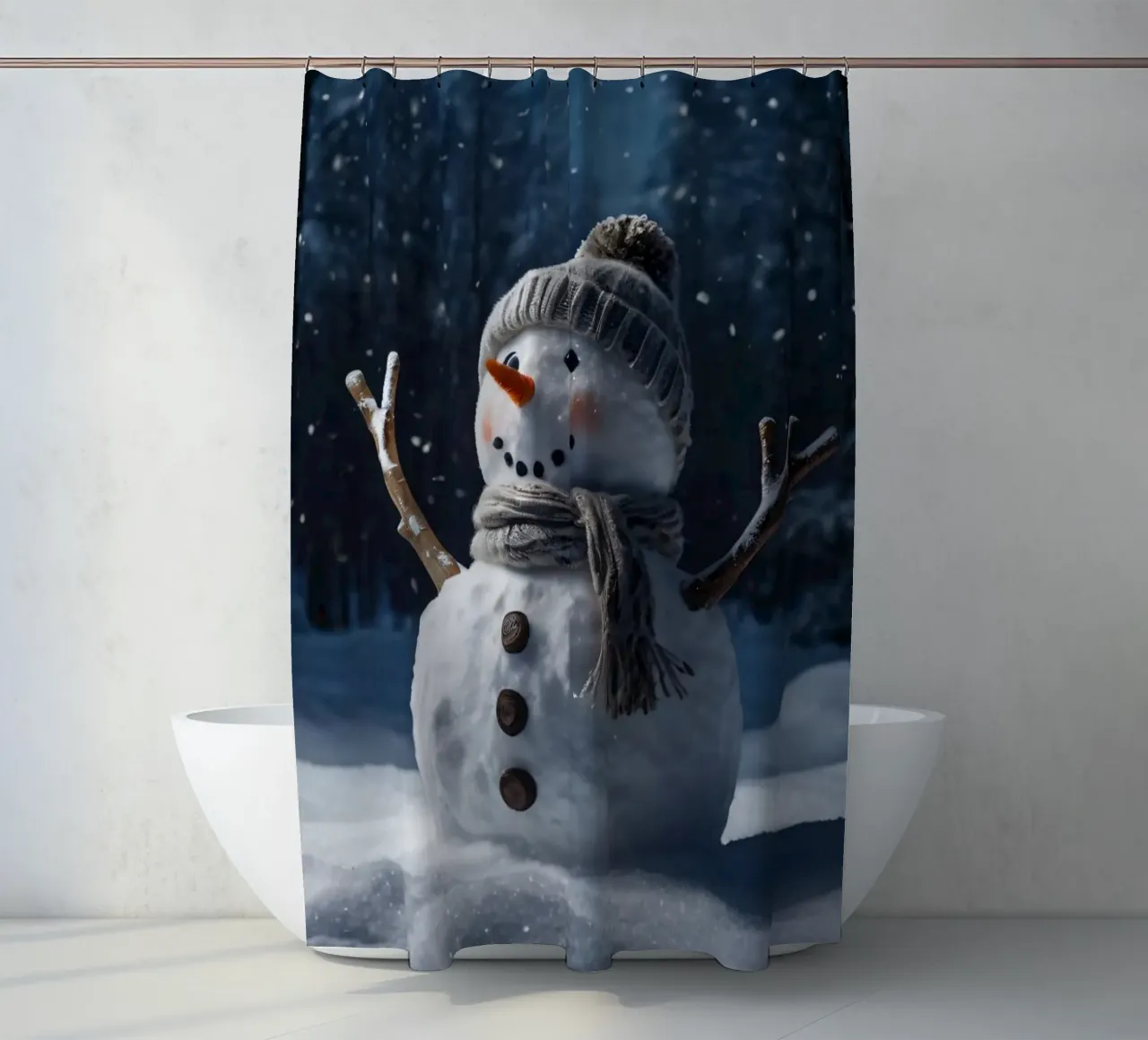 Un allegro pupazzo di neve con cappello e sciarpa a maglia è in piedi tenda da doccia da DesignDoodle