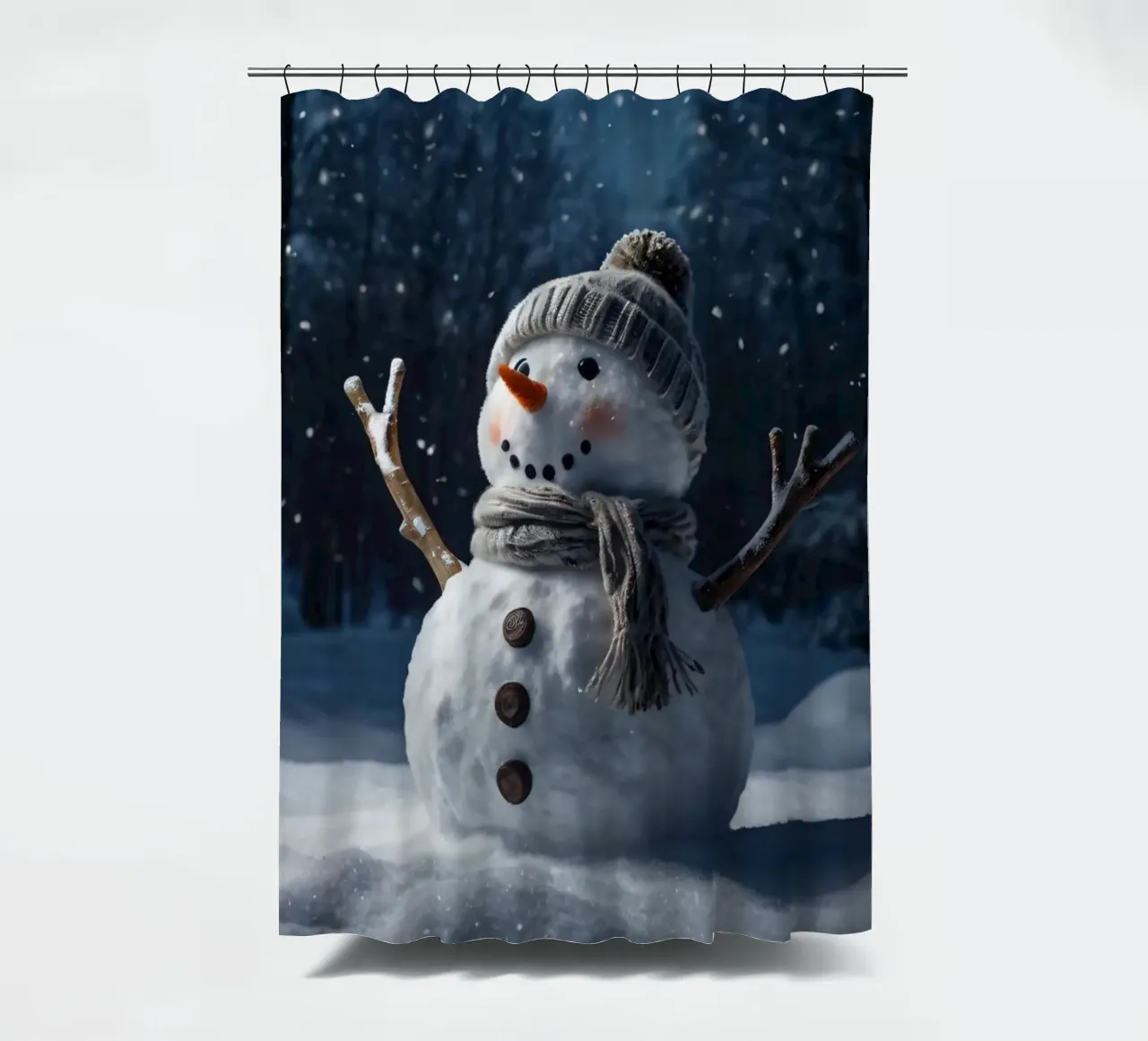 Un allegro pupazzo di neve con cappello e sciarpa a maglia è in piedi tenda da doccia da DesignDoodle