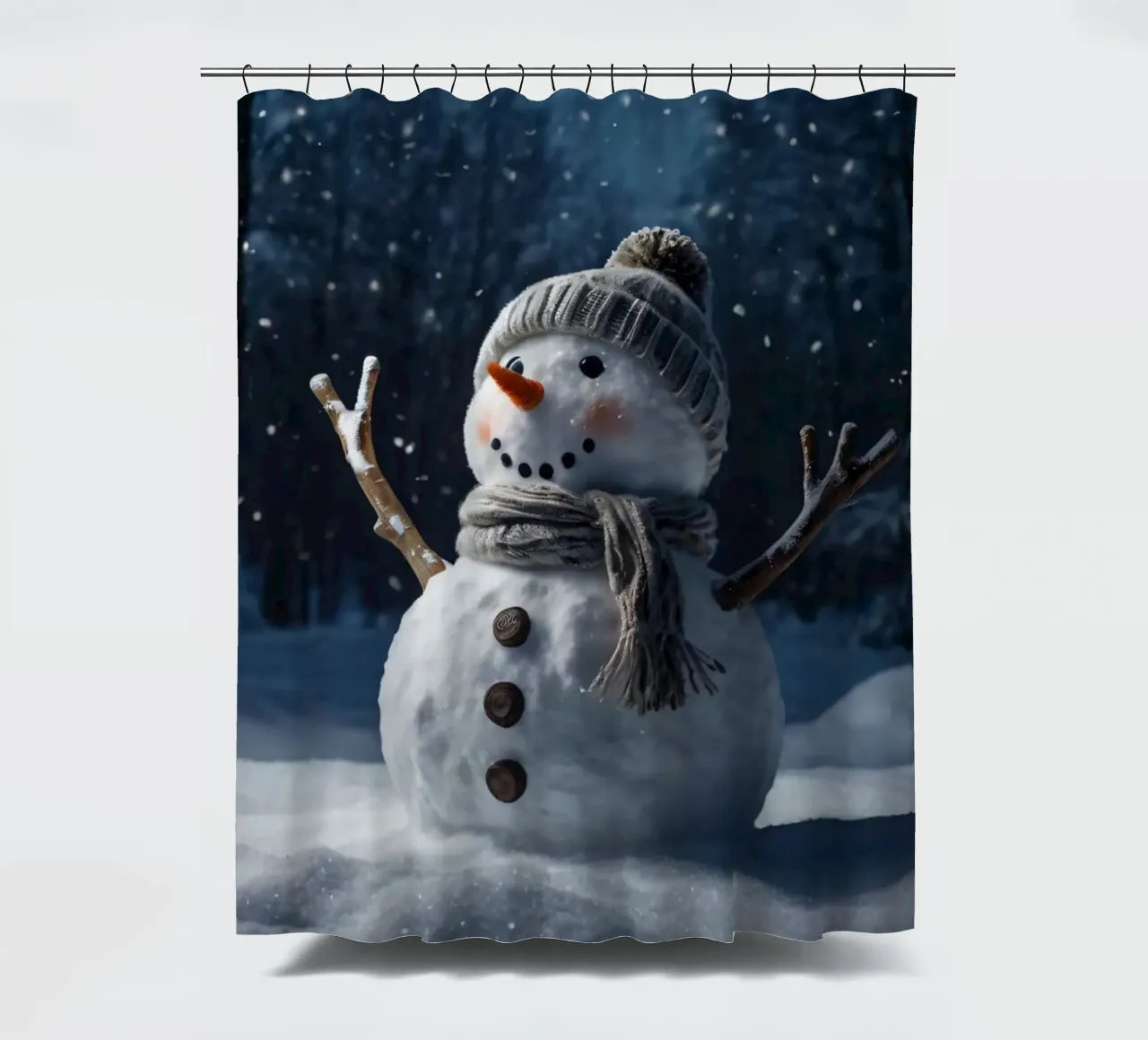 Un allegro pupazzo di neve con cappello e sciarpa a maglia è in piedi tenda da doccia da DesignDoodle