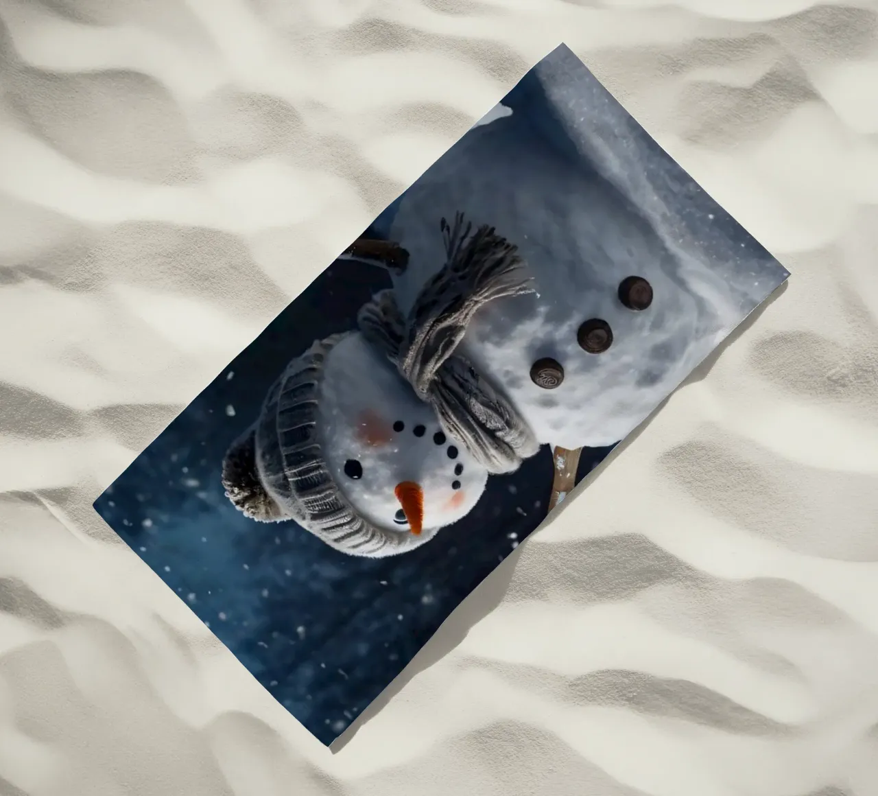 Un allegro pupazzo di neve con cappello e sciarpa a maglia è in piedi telo mare da DesignDoodle