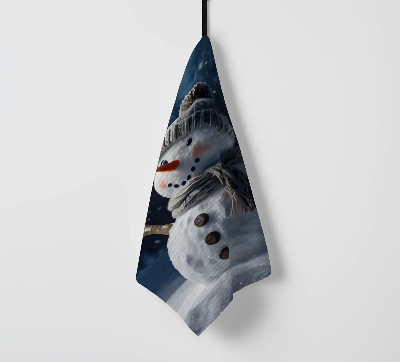 Un allegro pupazzo di neve con cappello e sciarpa a maglia è in piedi canovaccio da cucina da DesignDoodle