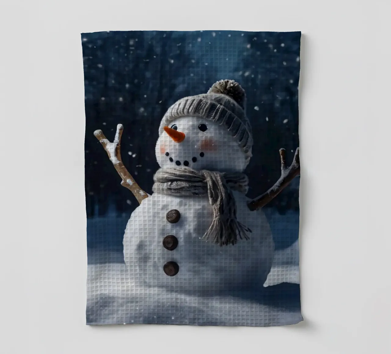 Un allegro pupazzo di neve con cappello e sciarpa a maglia è in piedi canovaccio da cucina da DesignDoodle