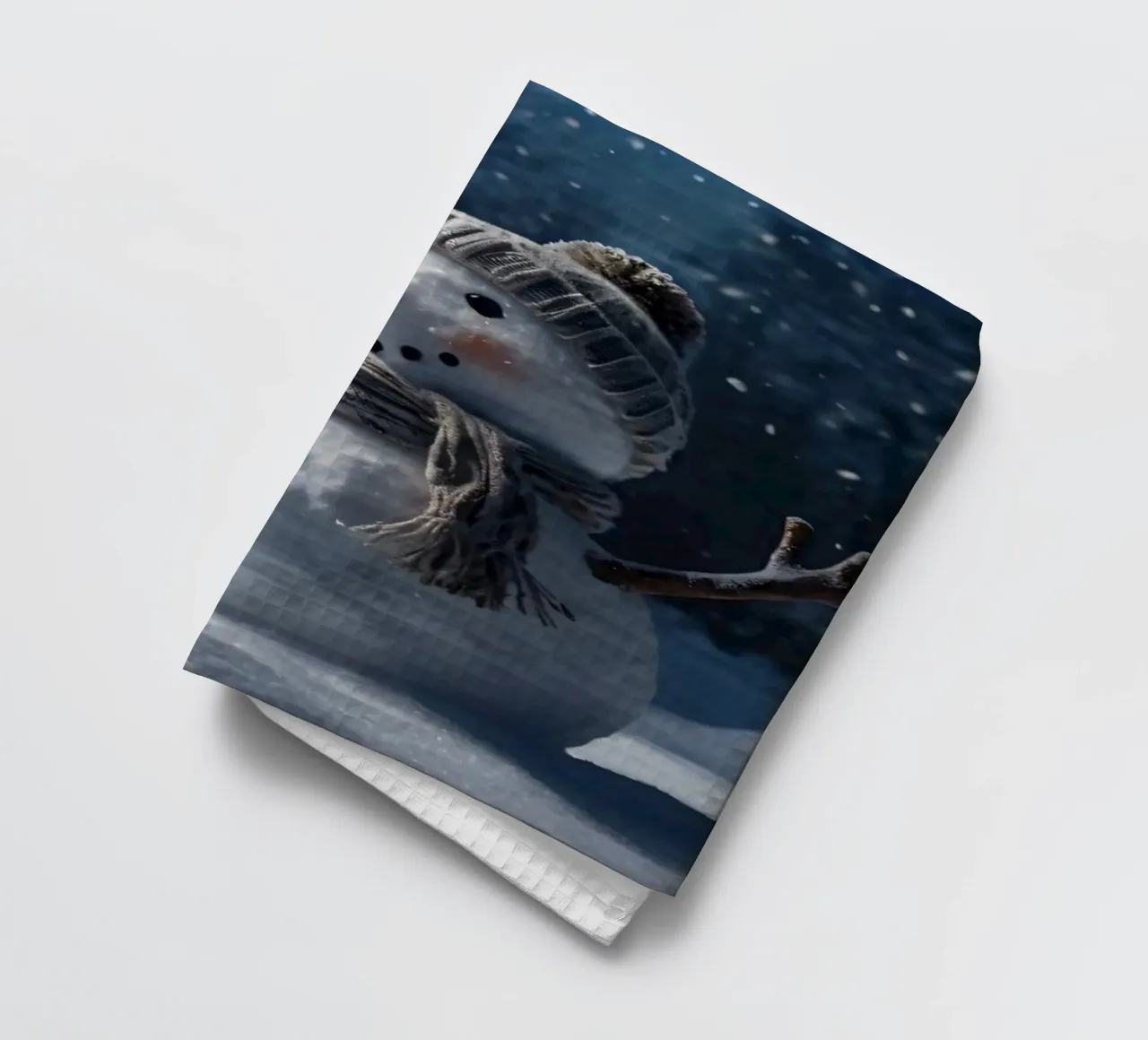 Un allegro pupazzo di neve con cappello e sciarpa a maglia è in piedi canovaccio da cucina da DesignDoodle