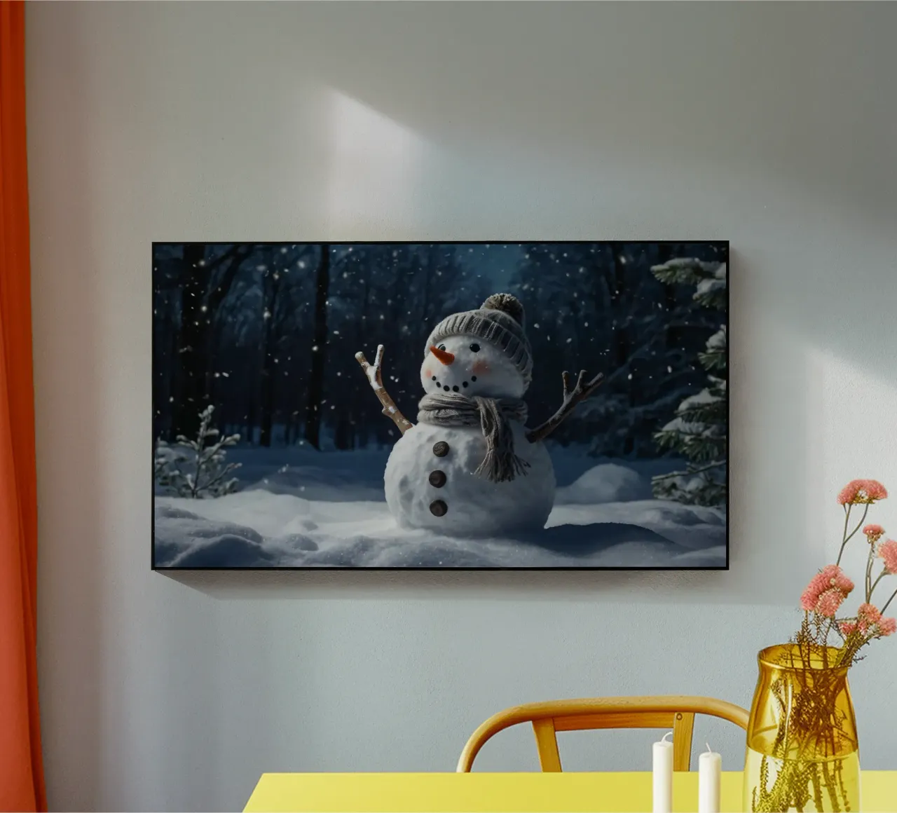 Un allegro pupazzo di neve con cappello e sciarpa a maglia è in piedi plexiglass da DesignDoodle