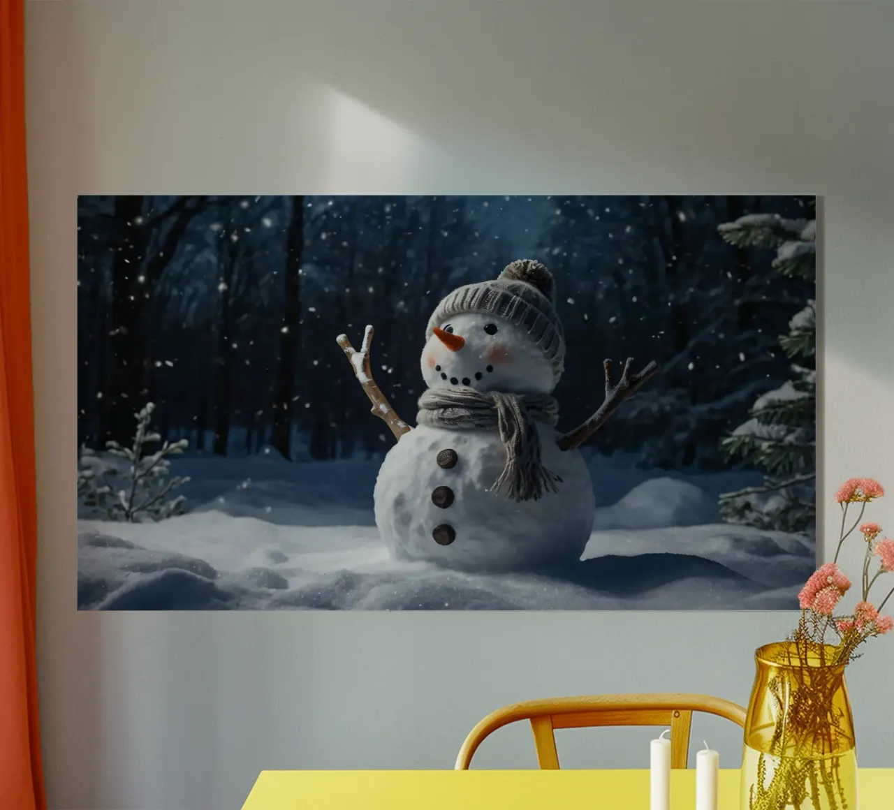 Un allegro pupazzo di neve con cappello e sciarpa a maglia è in piedi plexiglass da DesignDoodle