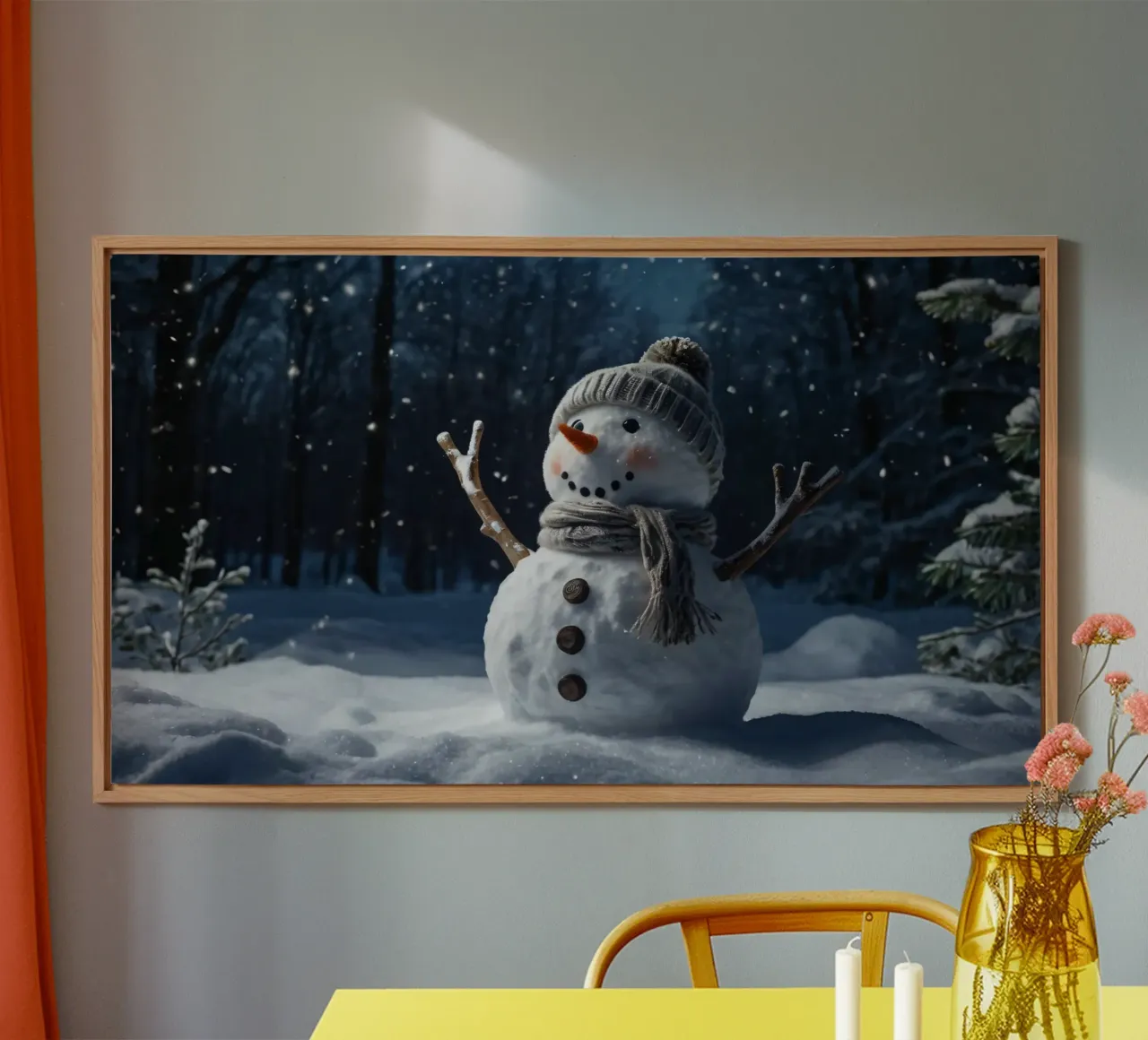 Un allegro pupazzo di neve con cappello e sciarpa a maglia è in piedi alluminio dibond da DesignDoodle