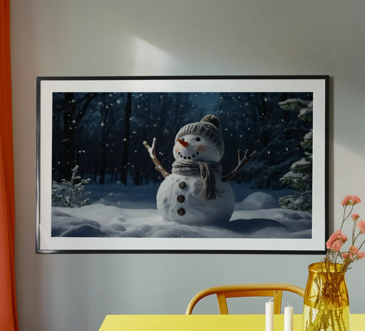 Un allegro pupazzo di neve con cappello e sciarpa a maglia è in piedi carta hahnemühle da DesignDoodle