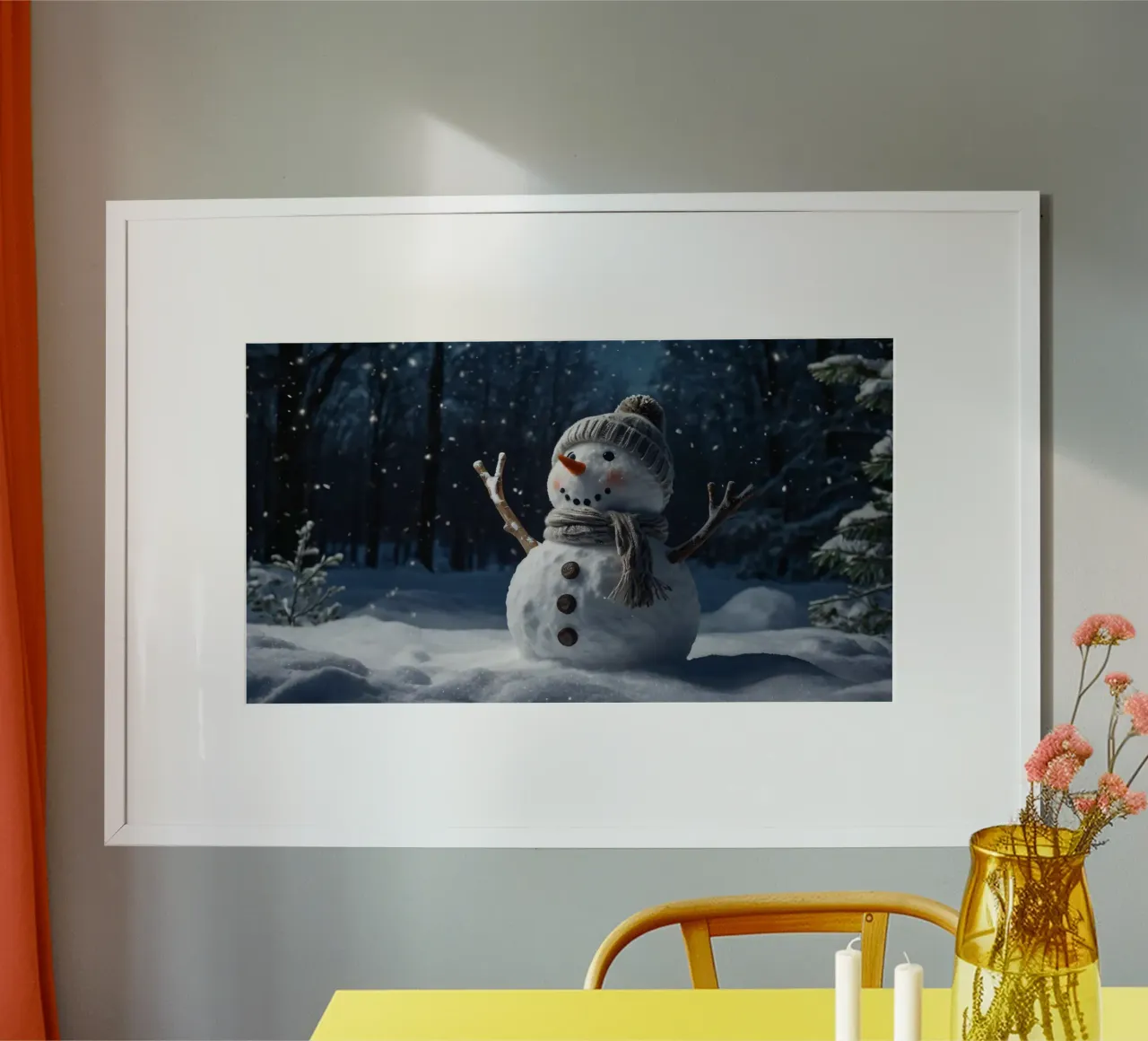 Un allegro pupazzo di neve con cappello e sciarpa a maglia è in piedi carta hahnemühle da DesignDoodle