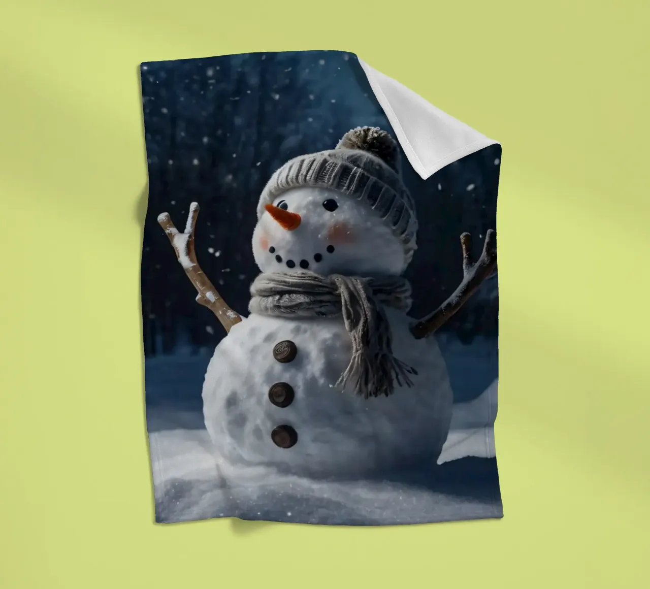 Un allegro pupazzo di neve con cappello e sciarpa a maglia è in piedi coperta in pile da DesignDoodle