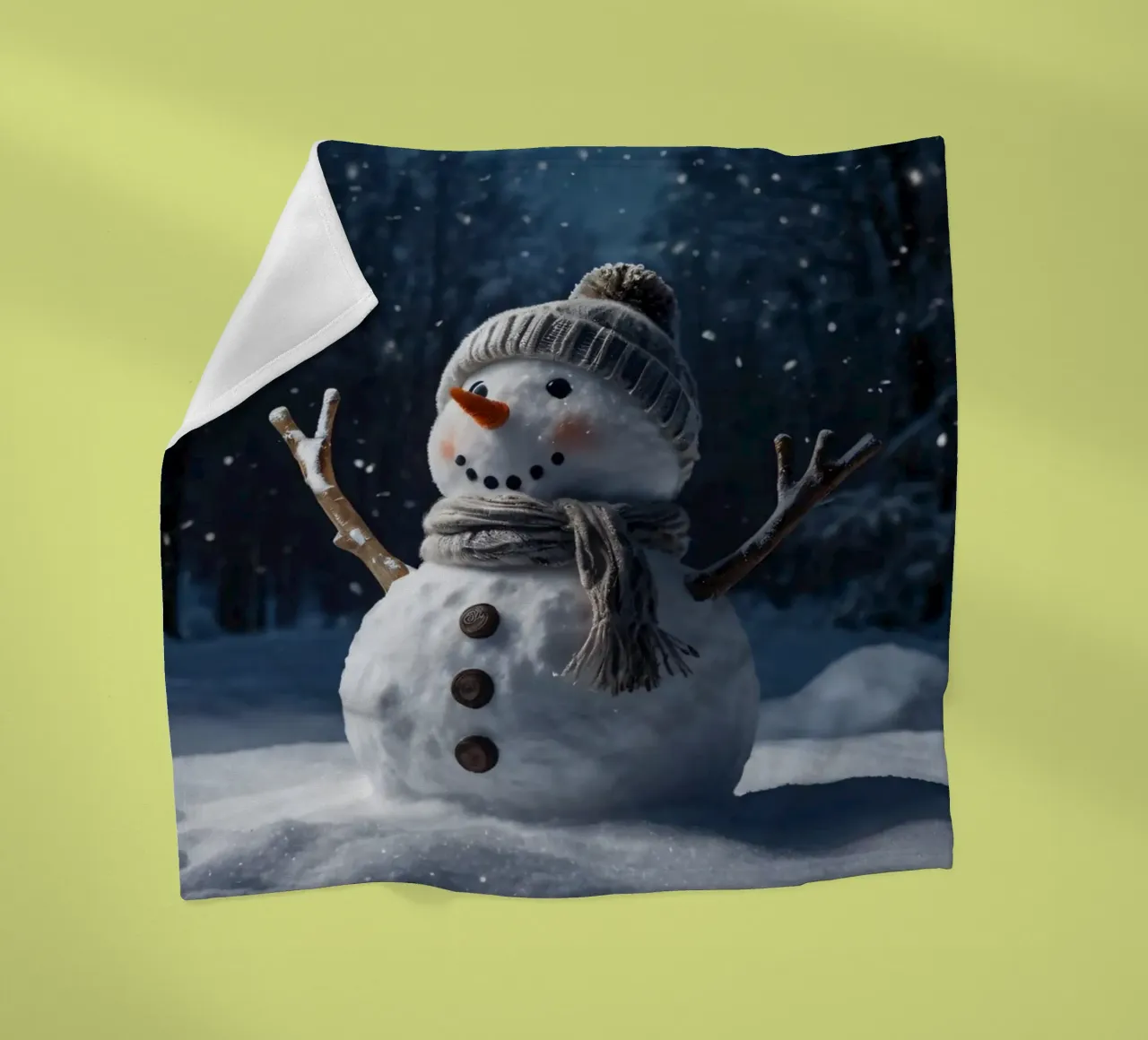 Un allegro pupazzo di neve con cappello e sciarpa a maglia è in piedi coperta in pile da DesignDoodle