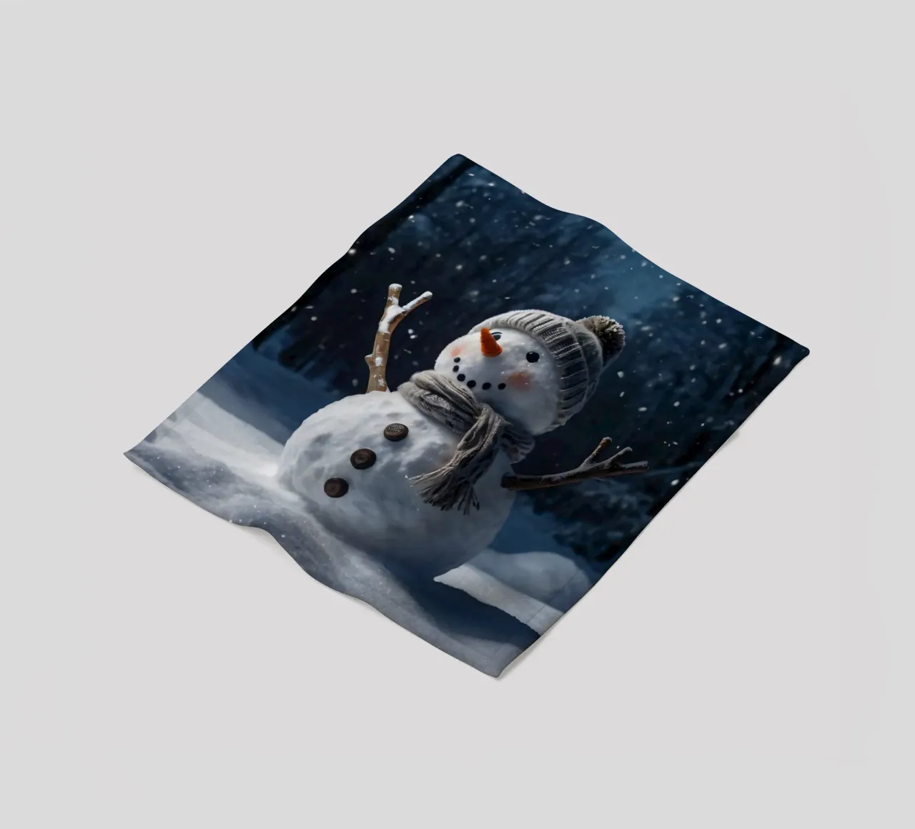 Un allegro pupazzo di neve con cappello e sciarpa a maglia è in piedi coperta in pile da DesignDoodle