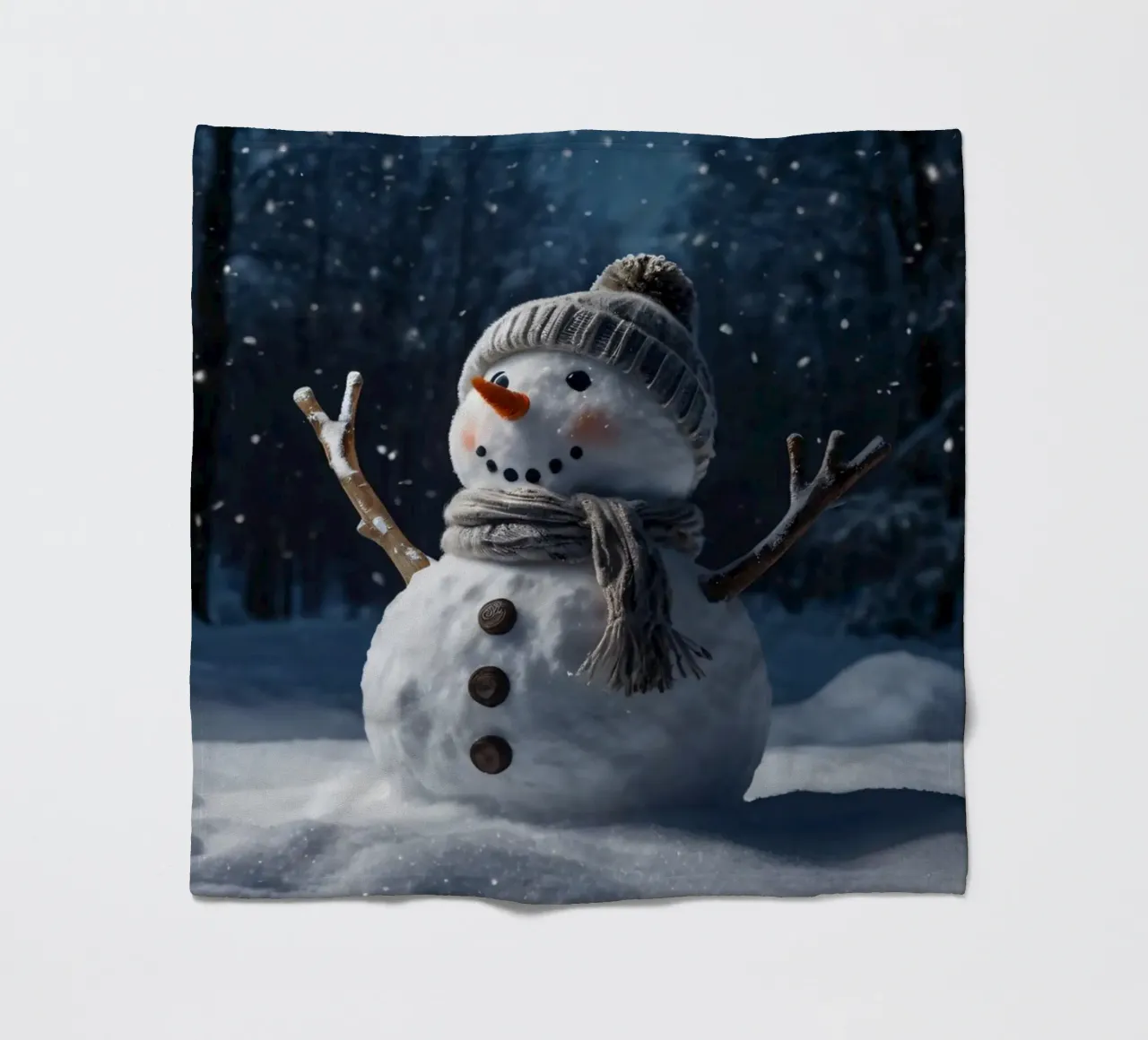 Un allegro pupazzo di neve con cappello e sciarpa a maglia è in piedi coperta in pile da DesignDoodle