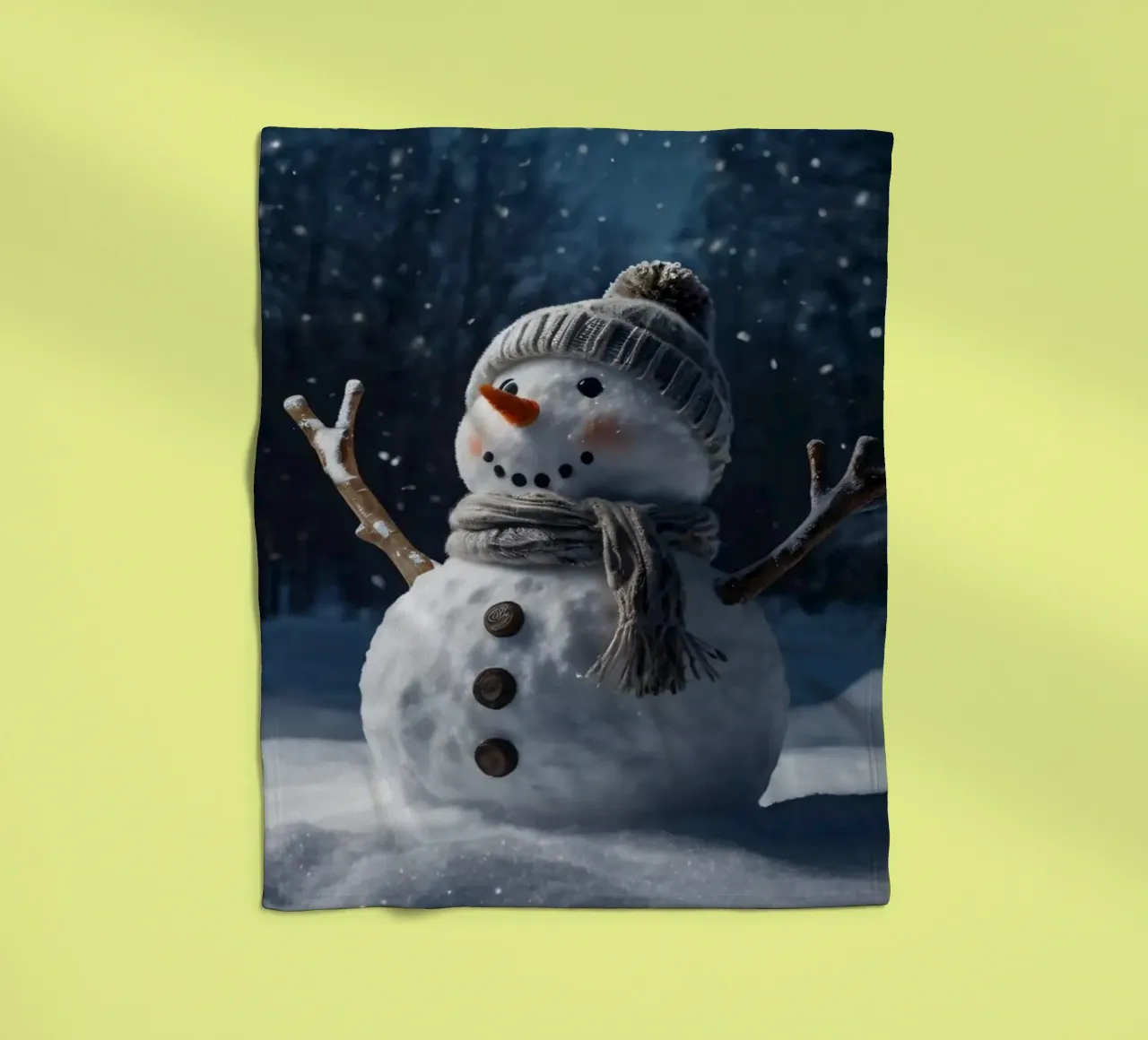 Un allegro pupazzo di neve con cappello e sciarpa a maglia è in piedi coperta in pile da DesignDoodle