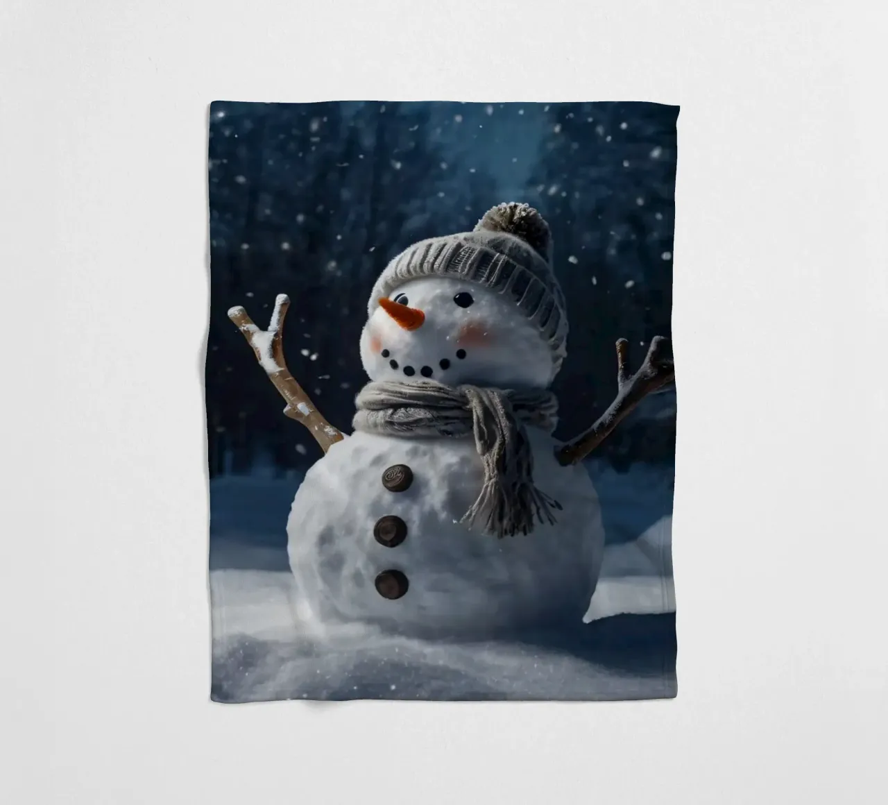 Un allegro pupazzo di neve con cappello e sciarpa a maglia è in piedi coperta in pile da DesignDoodle