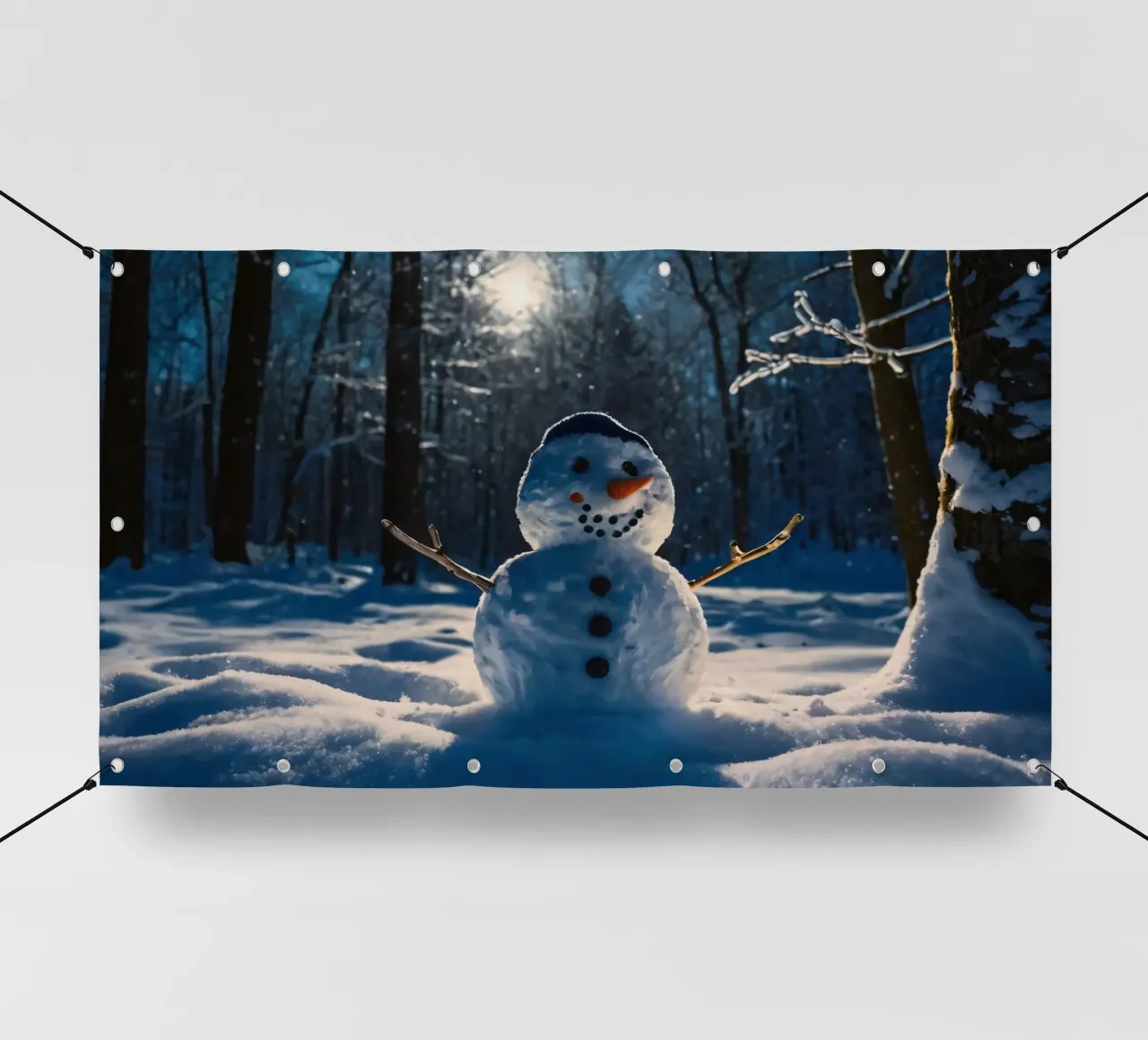 Un allegro pupazzo di neve si trova tra alti alberi in un paesaggio innevato. telo in pvc da DesignDoodle