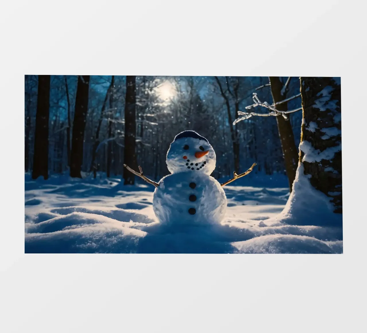 Un allegro pupazzo di neve si trova tra alti alberi in un paesaggio innevato. telo in pvc da DesignDoodle