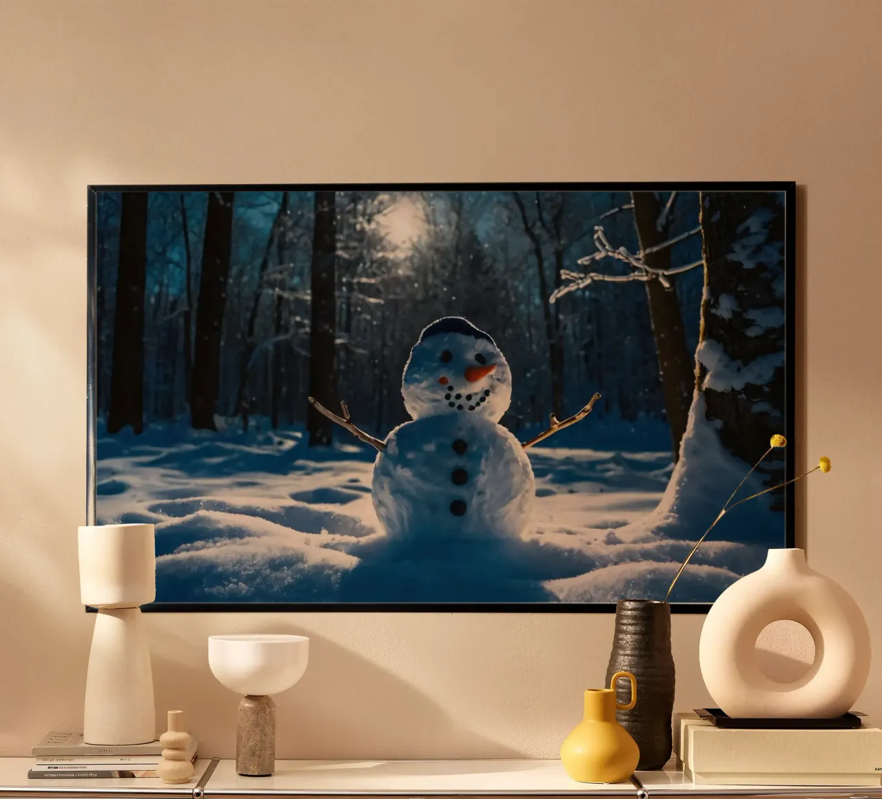 Un allegro pupazzo di neve si trova tra alti alberi in un paesaggio innevato. carta hahnemühle da DesignDoodle