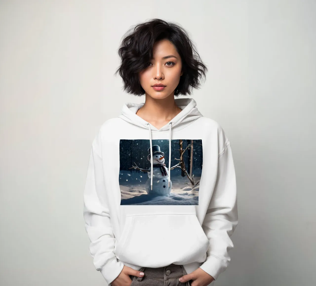 Un allegro pupazzo di neve si trova in una radura innevata in una giornata invernale. felpa con cappuccio da DesignDoodle