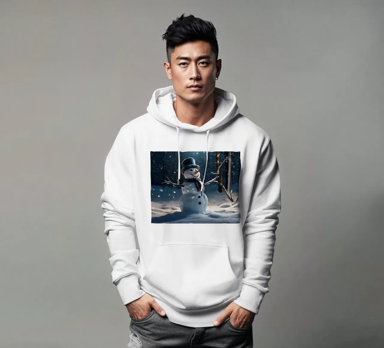 Un allegro pupazzo di neve si trova in una radura innevata in una giornata invernale. felpa con cappuccio da DesignDoodle