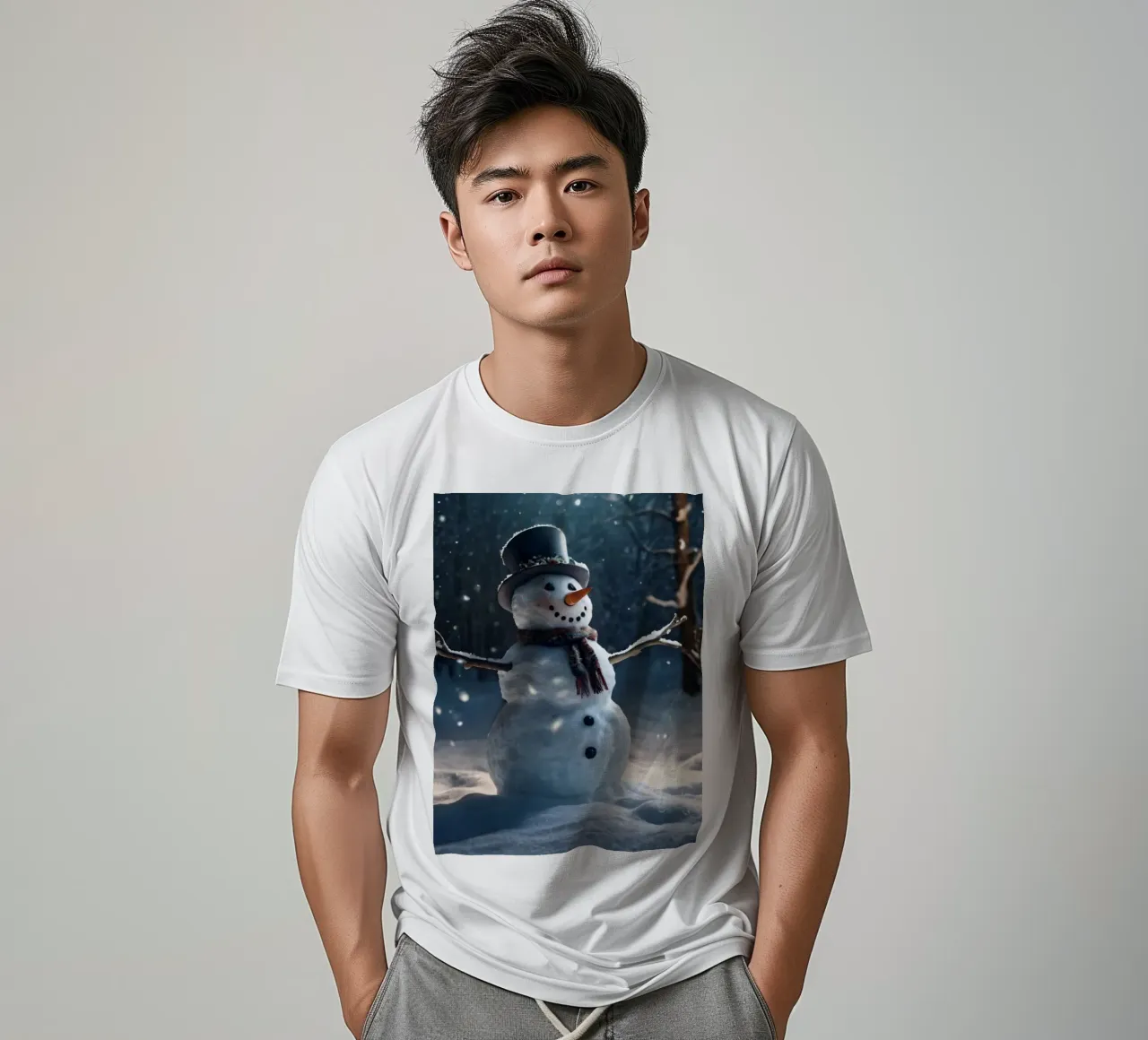 Un allegro pupazzo di neve si trova in una radura innevata in una giornata invernale. t-shirt da DesignDoodle