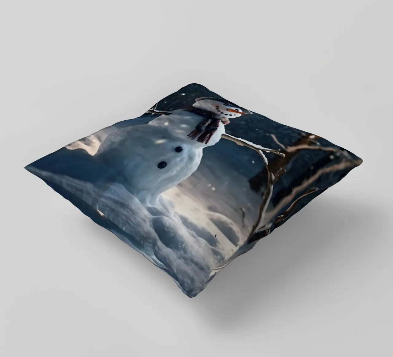 Un allegro pupazzo di neve si trova in una radura innevata in una giornata invernale. cuscino da DesignDoodle